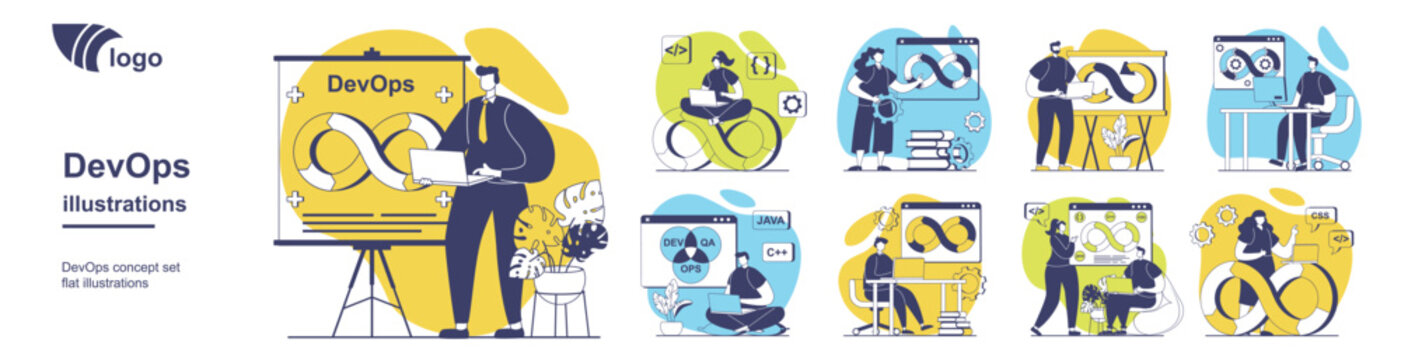 DevOps concept set for web design. Collection with people working with coding and management, using job integration practice, teamwork workflow with agile cycles in project. Vector illustration.