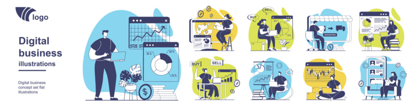 Digital business concept set for web design. Collection with people analyze financial data on chart, working in online store and selling products, customers buying with delivery. Vector illustration.
