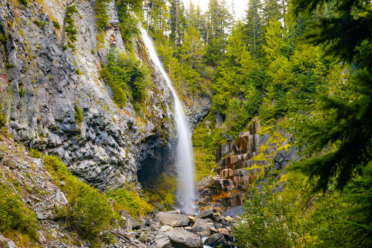 View of Narada Falls Along Green Forest at Mount Rainier