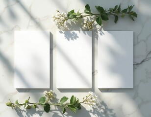 Three blank white A4 portrait cards sit side by side on a marble table. Delicate green branches with small white blossoms frame the cards. Sunlight casts gentle shadows across the scene.