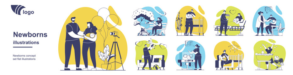 Families with newborns baby concept set for web design. Collection with people taking care children, young mothers and fathers with kids walking park, playing at home, nursing. Vector illustration.