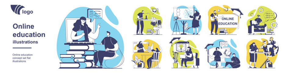 Online education concept set for web design. Collection with people learning at video lessons, watching virtual seminars, trainings at webinars, gain cognitions at e-learning. Vector illustration.