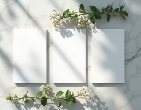 Three blank white A4 portrait cards sit side by side on a marble table. Delicate green branches with small white blossoms frame the cards. Sunlight casts gentle shadows across the scene.