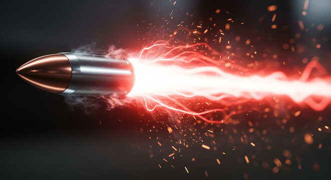 Bullet flying with red energy trail and sparks