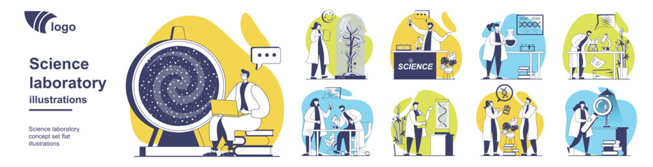 Naklejka na ściany i meble Science laboratory concept set for web design. Collection with people making scientific research and tests, work with microscope and equipment, scientists doing discovery in lab. Vector illustration.