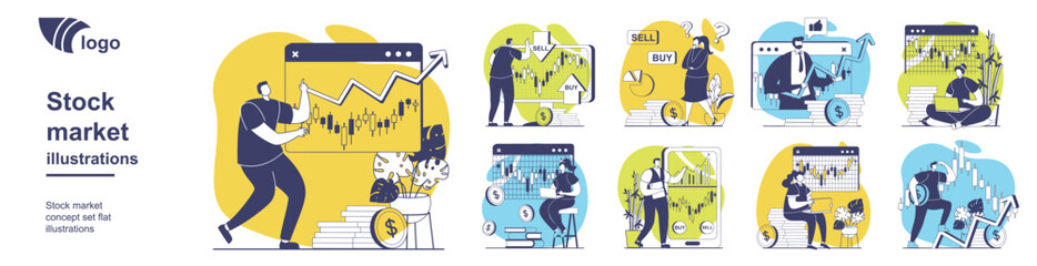 Naklejka na ściany i meble Stock market concept set for web design. Collection with people analyzing financial statistics with bar chart, forecasting market trends, buy or sell, making success investments. Vector illustration. Naklejka na ściany i meble Stock market concept set for web design. Collection with people analyzing financial statistics with bar chart, forecasting market trends, buy or sell, making success investments. Vector illustration.