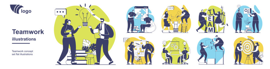 Naklejka na ściany i meble Teamwork concept set for web design. Collection with people brainstorming, generating new ideas, collaborating and targeting goals, achieving business goals, supporting community. Vector illustration.