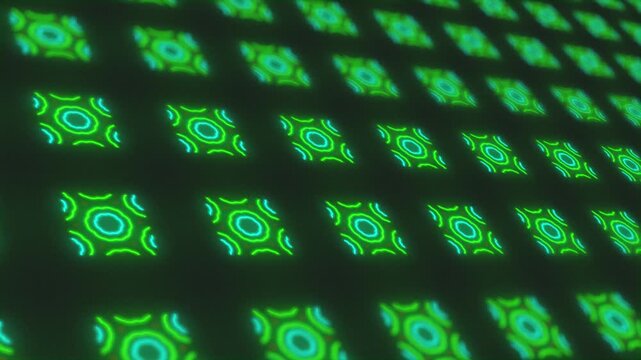 Flashing kaleidoscopic neon patterns lights. Computer generated seamless loop absrtact background. 3D render seamless loop animation
