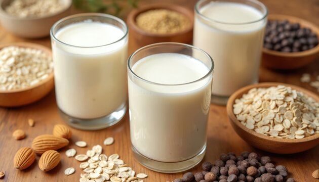 Assortment of vegan milk alternatives in glasses with their ingredients. Oat milk almonds, chocolate flavors. Plant based beverages. Healthy drink options for lactose free nourishment, balanced diets.