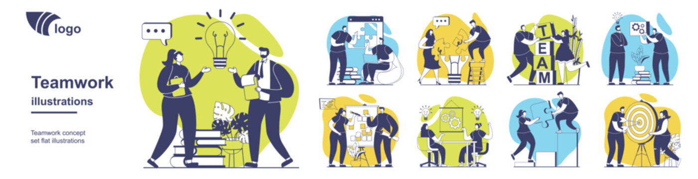 Teamwork concept set for web design. Collection with people brainstorming, generating new ideas, collaborating and targeting goals, achieving business goals, supporting community. Vector illustration.