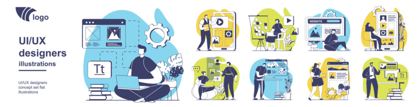 UI and UX designers concept set for web design. Collection with people creating layouts interfaces for mobile application, doing wireframe templates, prototyping at platform. Vector illustration.