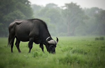 Obraz premium Dark buffalo bull eats fresh green grass. Large wild mammal grazes calmly in open field. Peaceful nature scene with misty trees in background. Serene savanna meadow habitat outdoors, no people