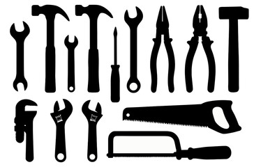 Silhouette of various hand tools including wrench, hammer, and saw