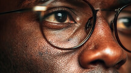 Intense close-up of a thoughtful Black man's eye and face wearing glasses, capturing deep concentration and introspection in a modern, professional setting.