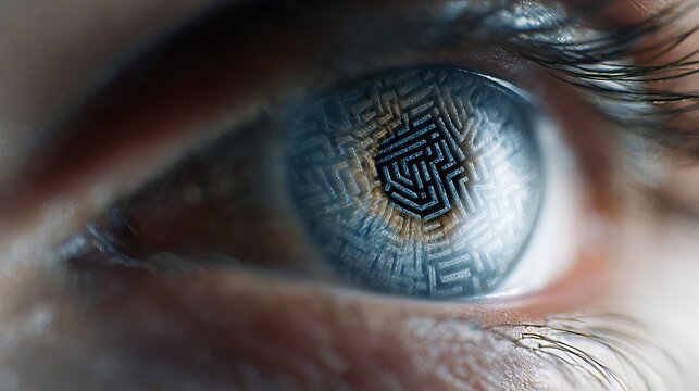 Intricate digital maze reflected in a human eye symbolizes complex data analysis, future technology, and the exploration of vast information networks.