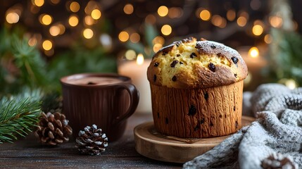 Festive christmas breakfast with panettone, hot chocolate and pine decorations