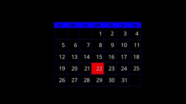 Appointment reminders and meeting agenda on calendar. Planning showing calendar grid with the 22th day highlighted in red on a black background. time management concept.
