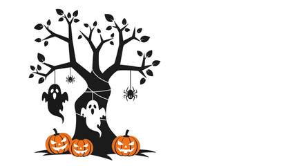 Silhouette Halloween Scene with Tree Ghosts Spiders and Pumpkins Vector Illustration