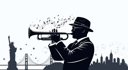 Black and white image of jazz musician playing trumpet with city skyline background © punduh