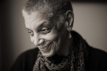 Fototapeta premium Portrait of a mature woman radiating joy and wisdom with expressive features highlighting intricate details that evoke deep emotional resonance and personal connection