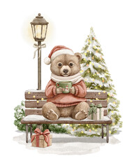 Vintage cute little bear boy in clothes sitting on bench surrounded by gift boxes, Christmas tree and street lamp drinking hot drink on white background. Watercolor hand drawn illustration sketch
