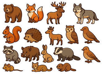 Obraz premium Cartoon forest animals collection with bear, fox, deer, wolf, owl, and more