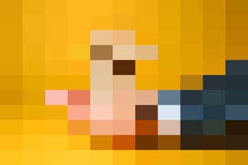 Pixelated image of a rubber ducky floating on a bright yellow background, abstract and colorful