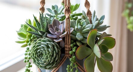 Stylish hanging succulent houseplant arrangement in a macrame planter photo