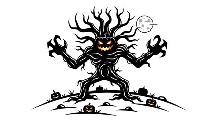 Spooky halloween monster with pumpkin head and menacing tree branches silhouette design