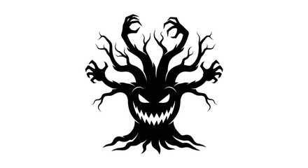 Sinister Silhouette of a Spooky Halloween Tree with Clawed Branches and Evil Grin
