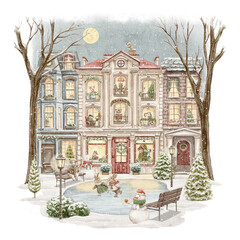 Vintage cartoon night composition with several Christmas houses, ice rink and animals characters in clothes isolated on white background. Watercolor and pencil hand drawn illustration sketch