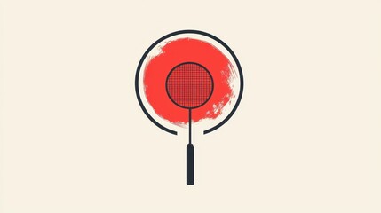 Graphic representation of a badminton racket against a bold red circle backdrop showcasing sport and creativity