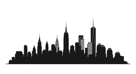 Black and white silhouette of the New York City skyline highlighting iconic buildings and structures © punduh