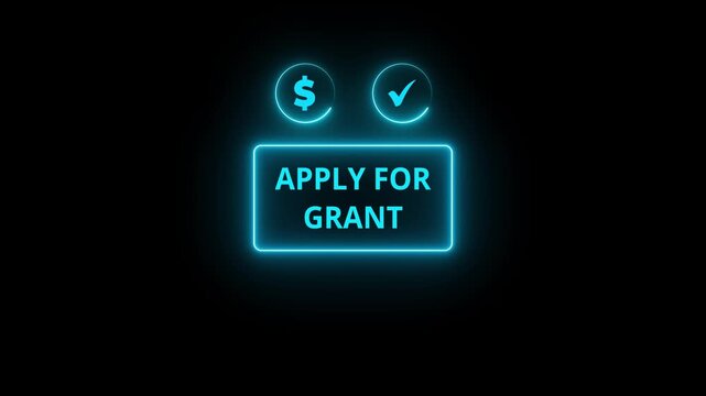 Apply for grant concept with finger pointing digital button startup engineering lab environment for funding opportunity and innovation support. on neon rectangle with dollar and check mark icon. 4k