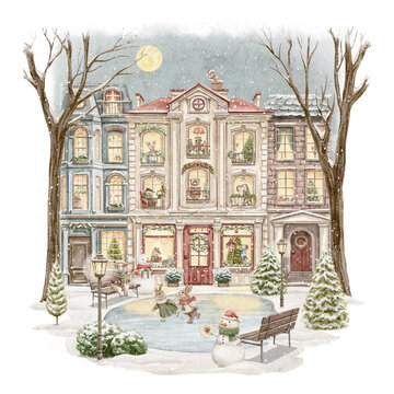 Vintage cartoon night composition with several Christmas houses, ice rink and animals characters in clothes isolated on white background. Watercolor and pencil hand drawn illustration sketch