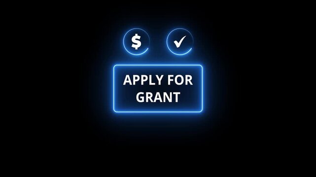 Apply for grant concept with finger pointing digital button startup engineering lab environment for funding opportunity and innovation support. on neon rectangle with dollar and check mark icon. 4k