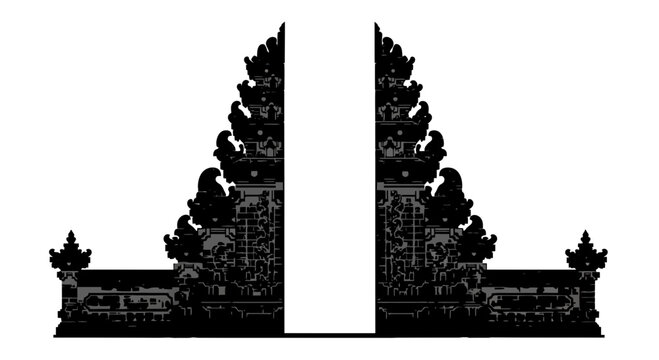 Monochromatic silhouette of a traditional Balinese gate showcases architectural details and