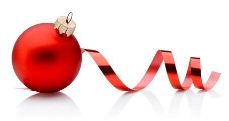 Christmas red bauble and curling paper ribbon isolated on white background