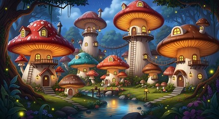 Fototapeta premium Colorful red and white mushroom houses in a fantasy forest at night illustration