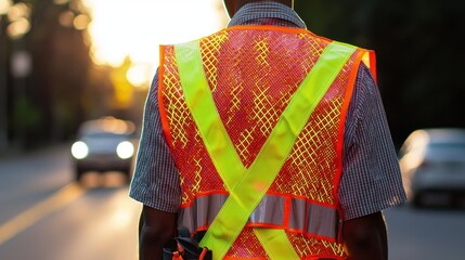 Worker in reflective vest guiding traffic at sunset on a busy street