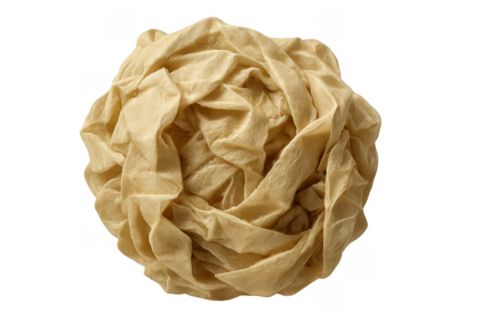 Crumpled beige paper forming a ball, showing distressed and wrinkled texture. Transparent background, top view