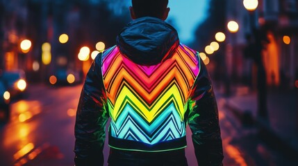 Colorful reflective vest worn by a person walking on a city street at dusk with glowing lights