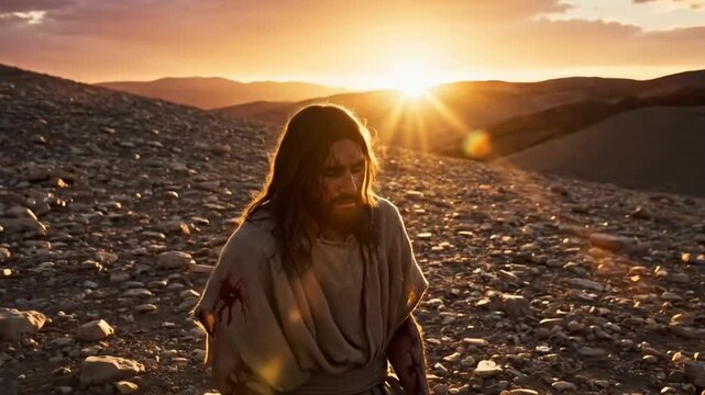 Jesus Christ resurrection and stigmata signs on his body. Jesus Christ in the desert with blood on his body and wrists