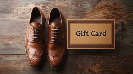 Brown leather shoes paired with a gift card on a rustic wooden surface