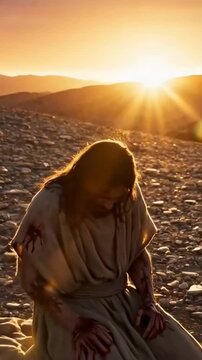 Jesus Christ resurrection and stigmata signs on his body. Jesus Christ in the desert with blood on his body and wrists