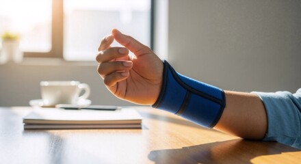 Person wearing a blue wrist brace for hand support at an office desk. Carpal tunnel syndrome, injury recovery, and pain relief concept
