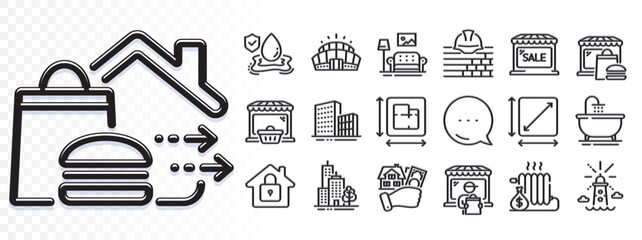 Lighthouse, Square area and Bath line icons for web app. Glare of light effect. Message icon. Pack of Delivery market, Food market, Buildings pictogram icons. Vector
