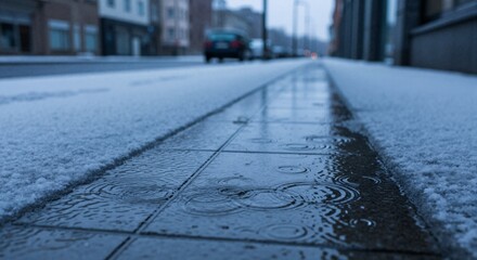 Raindrops creating ripples in a puddle on a snowy city sidewalk. Close-up of wet pavement during cold winter weather. Moody urban scene