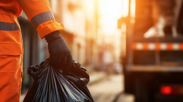 Sanitation worker in an orange uniform collecting a garbage bag. Close-up of a public service employee on a city street with a truck in the background. Waste management concept