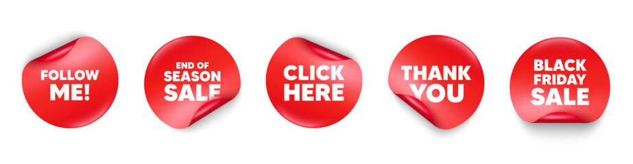 Follow me sticker tag. Season sale, Black friday paper price banners. Follow me tag. Special offer sign. Super offer symbol. Thank you sticker. Vector